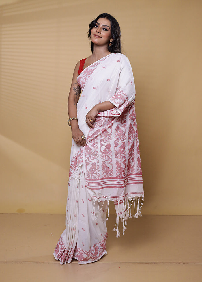 White Khadi Cotton Saree With Blouse Piece