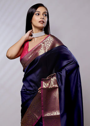 Blue Katan Silk Saree With Blouse Piece