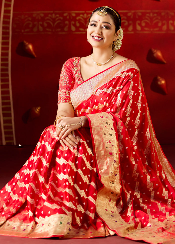 Red Handloom Banarasi Pure Silk Saree With Blouse Piece