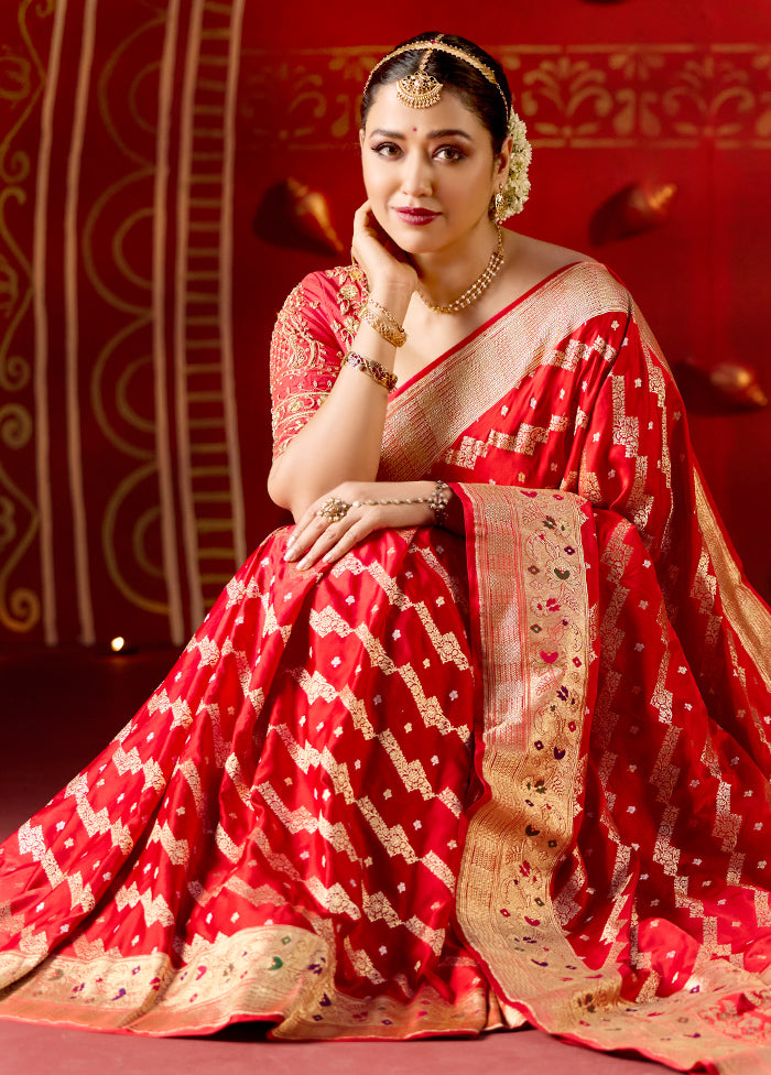 Red Handloom Banarasi Pure Silk Saree With Blouse Piece