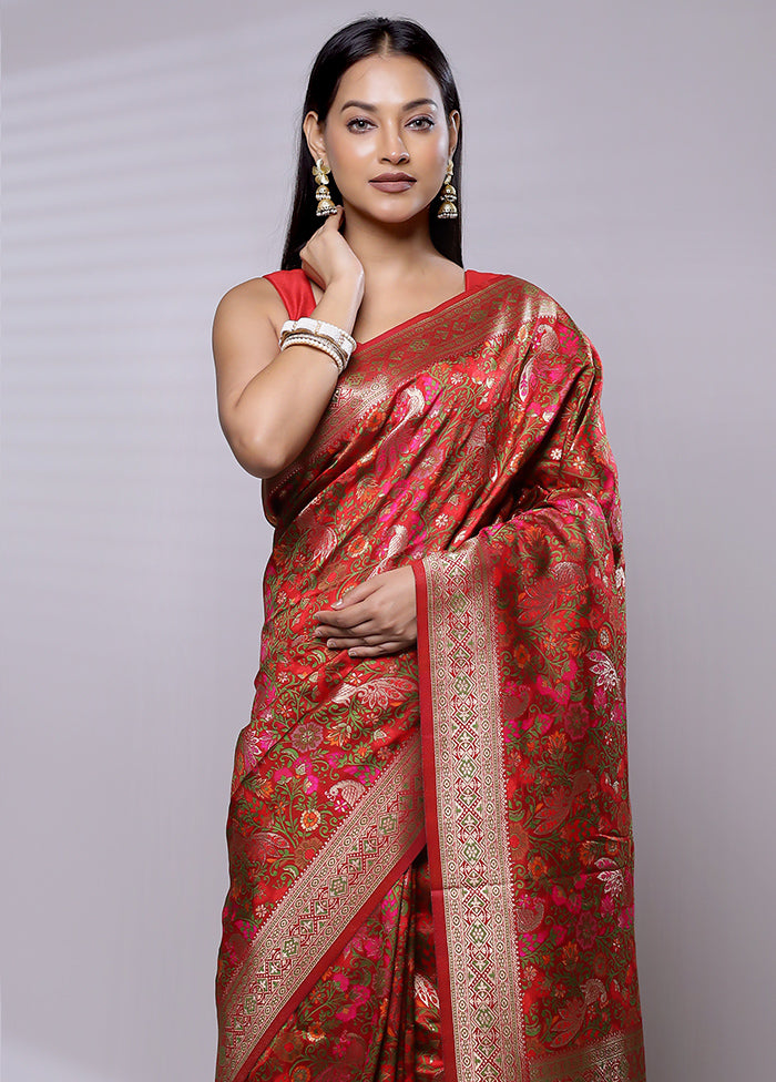 Red Dupion Silk Saree With Blouse Piece