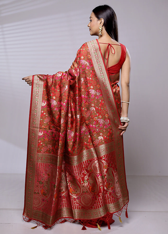 Red Dupion Silk Saree With Blouse Piece