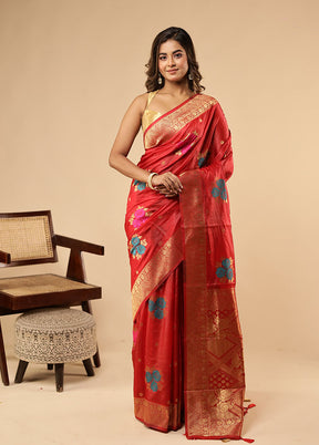 Red Dupion Silk Saree With Blouse Piece