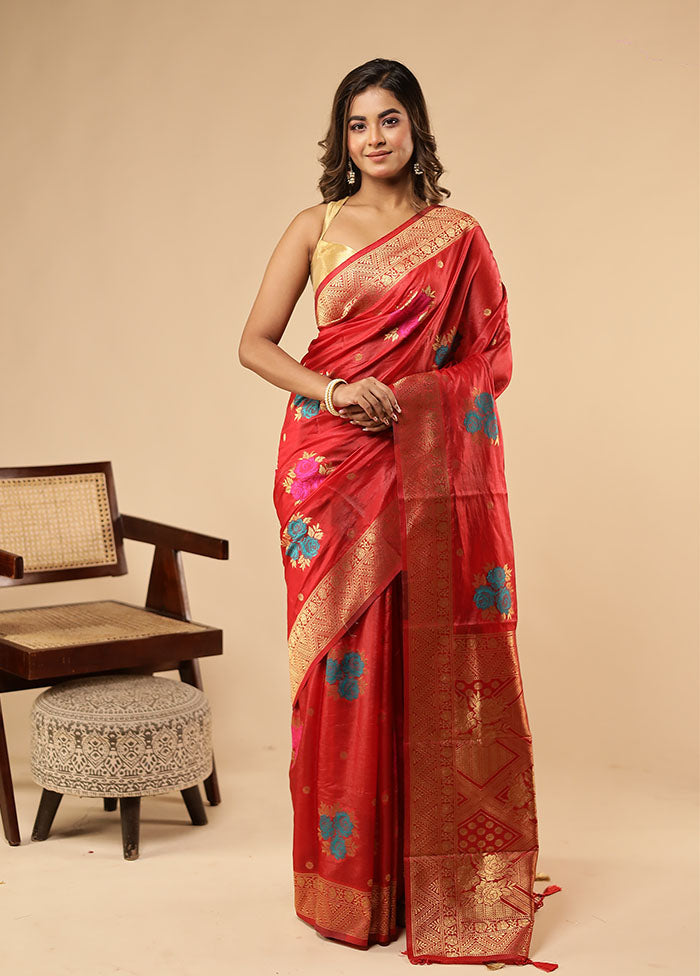 Red Dupion Silk Saree With Blouse Piece
