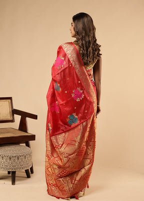 Red Dupion Silk Saree With Blouse Piece