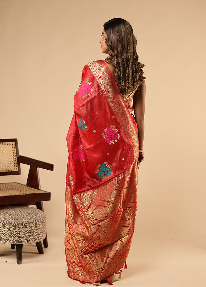 Red Dupion Silk Saree With Blouse Piece