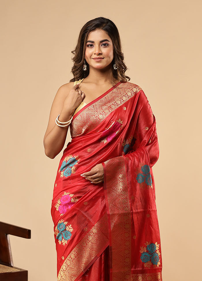 Red Dupion Silk Saree With Blouse Piece