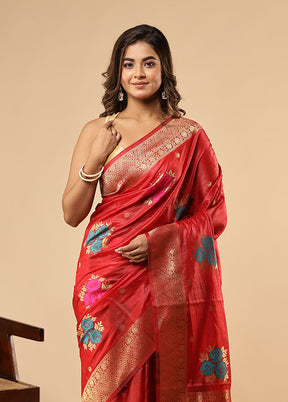 Red Dupion Silk Saree With Blouse Piece