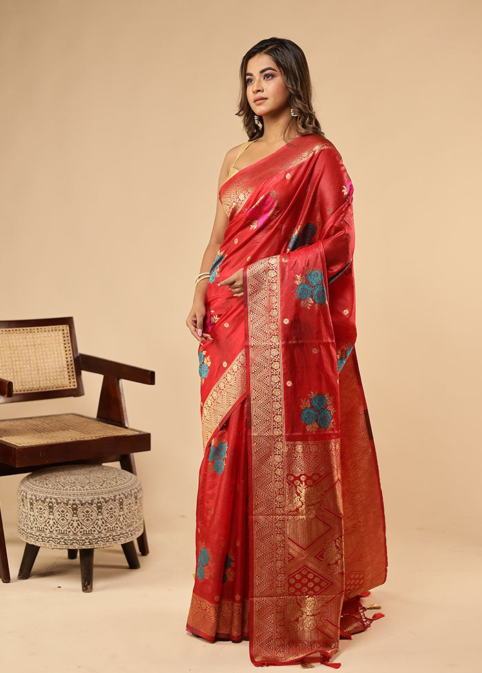 Red Dupion Silk Saree With Blouse Piece