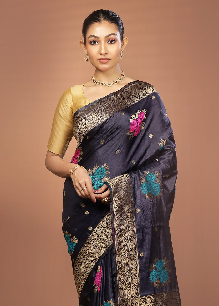Blue Dupion Silk Saree With Blouse Piece