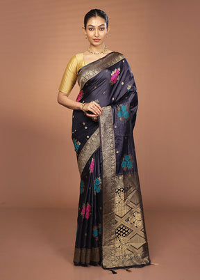 Blue Dupion Silk Saree With Blouse Piece