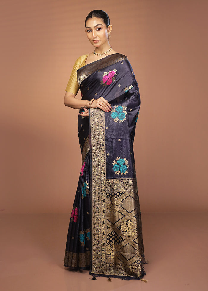 Blue Dupion Silk Saree With Blouse Piece