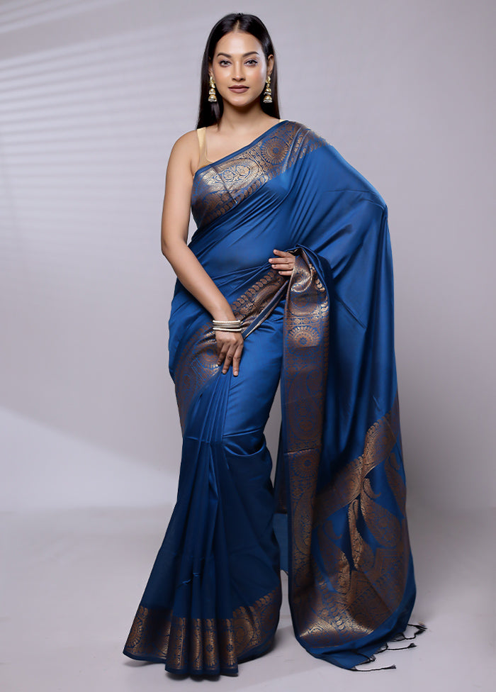 Blue Cotton Saree With Blouse Piece - Indian Silk House Agencies