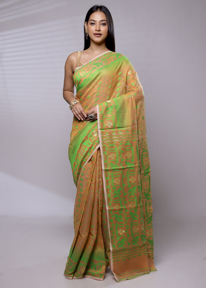 Peach Tant Jamdani Saree Without Blouse Piece