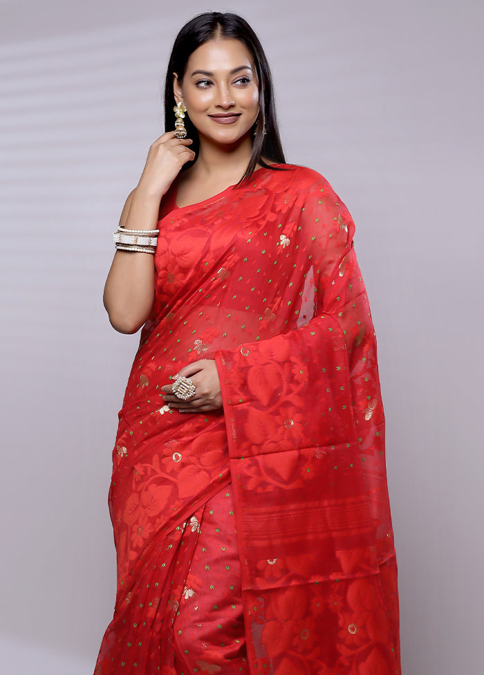 Red Tant Jamdani Saree Without Blouse Piece