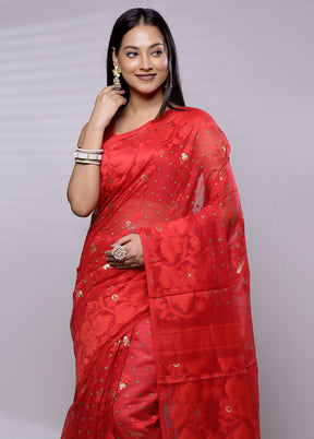 Red Tant Jamdani Saree Without Blouse Piece