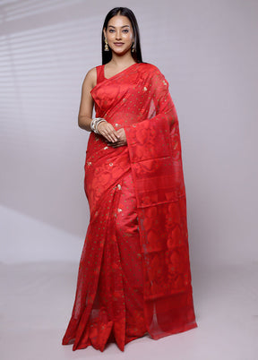 Red Tant Jamdani Saree Without Blouse Piece