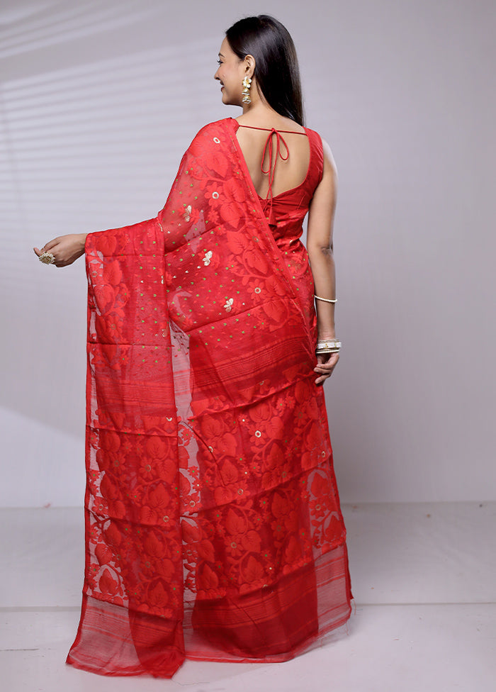 Red Tant Jamdani Saree Without Blouse Piece