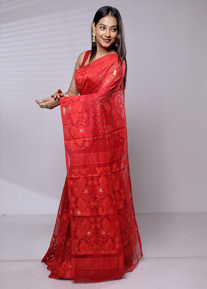 Red Tant Jamdani Saree Without Blouse Piece