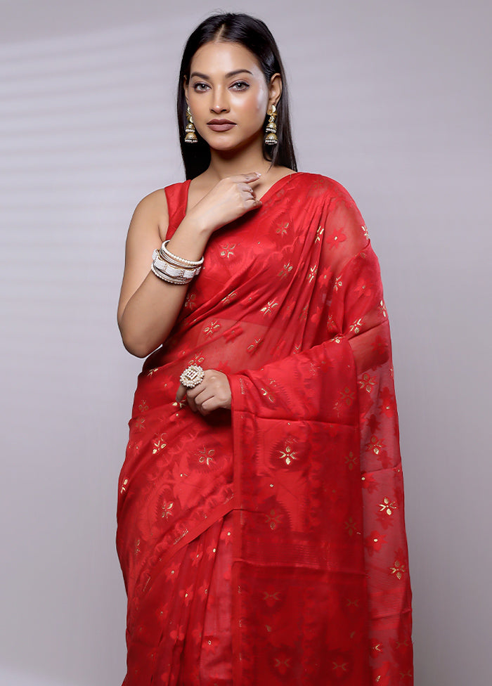 Red Tant Jamdani Saree Without Blouse Piece