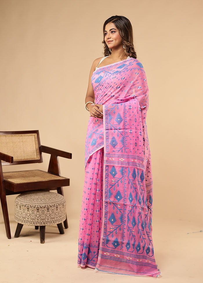 Pink Jamdani Cotton Saree Without Blouse Piece