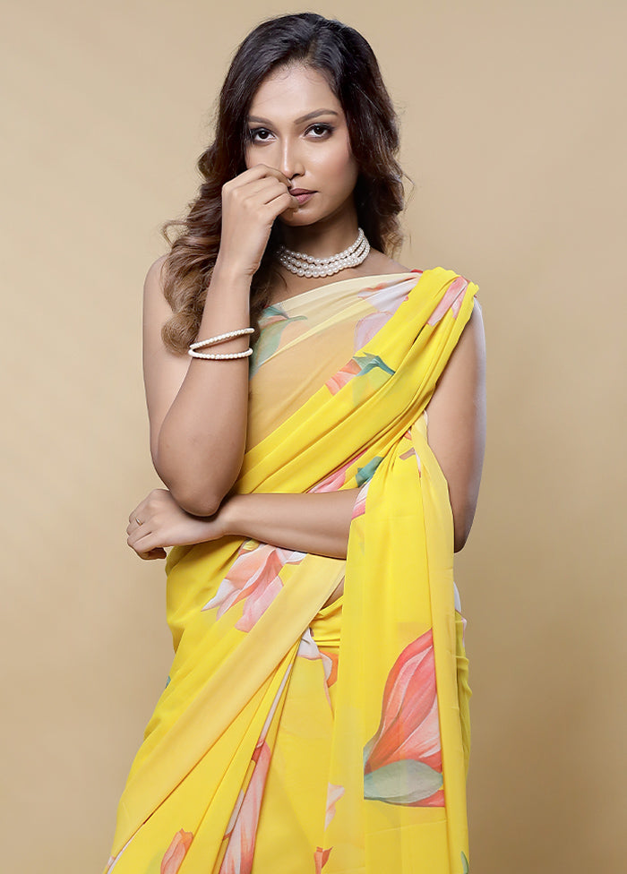 Yellow Chiffon Silk Saree With Blouse Piece