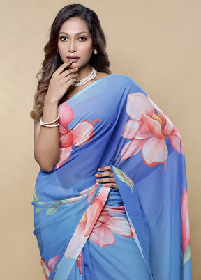 Blue Chiffon Silk Saree With Blouse Piece - Indian Silk House Agencies