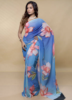 Blue Chiffon Silk Saree With Blouse Piece