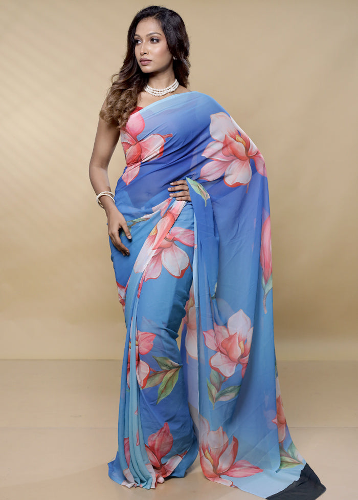 Blue Chiffon Silk Saree With Blouse Piece - Indian Silk House Agencies