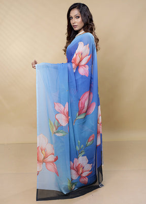 Blue Chiffon Silk Saree With Blouse Piece