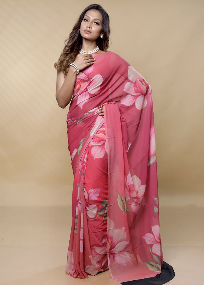 Pink Chiffon Silk Saree With Blouse Piece