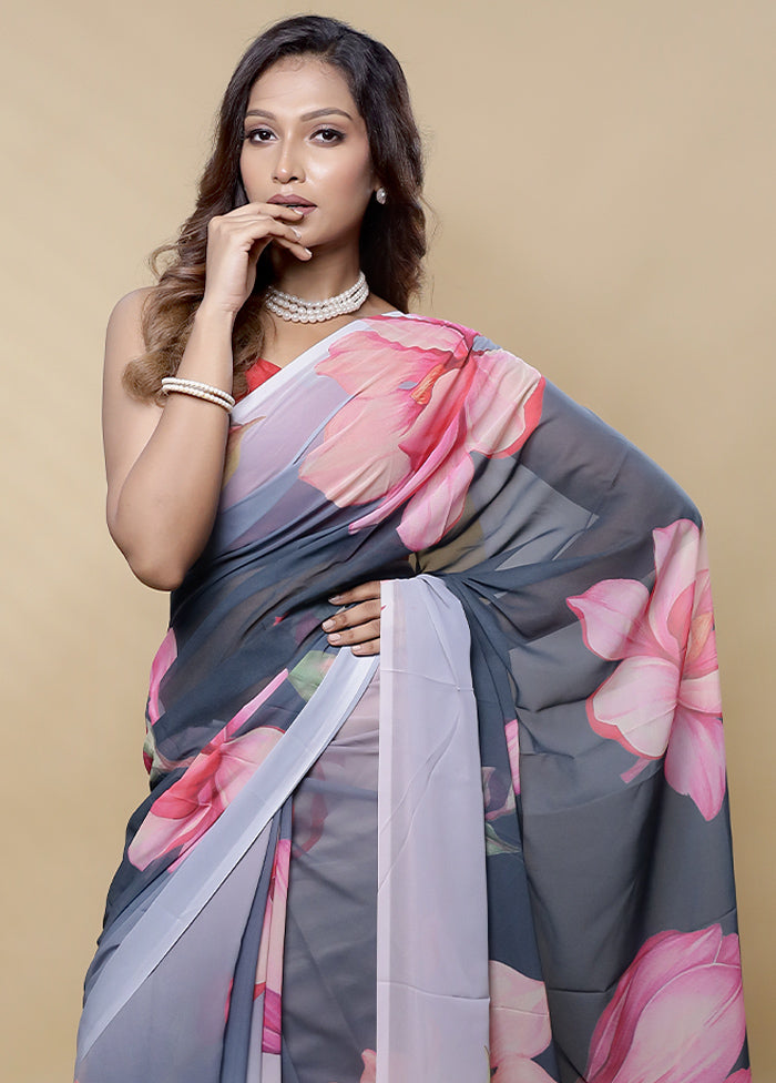 Grey Chiffon Silk Saree With Blouse Piece - Indian Silk House Agencies