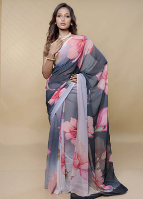 Grey Chiffon Silk Saree With Blouse Piece