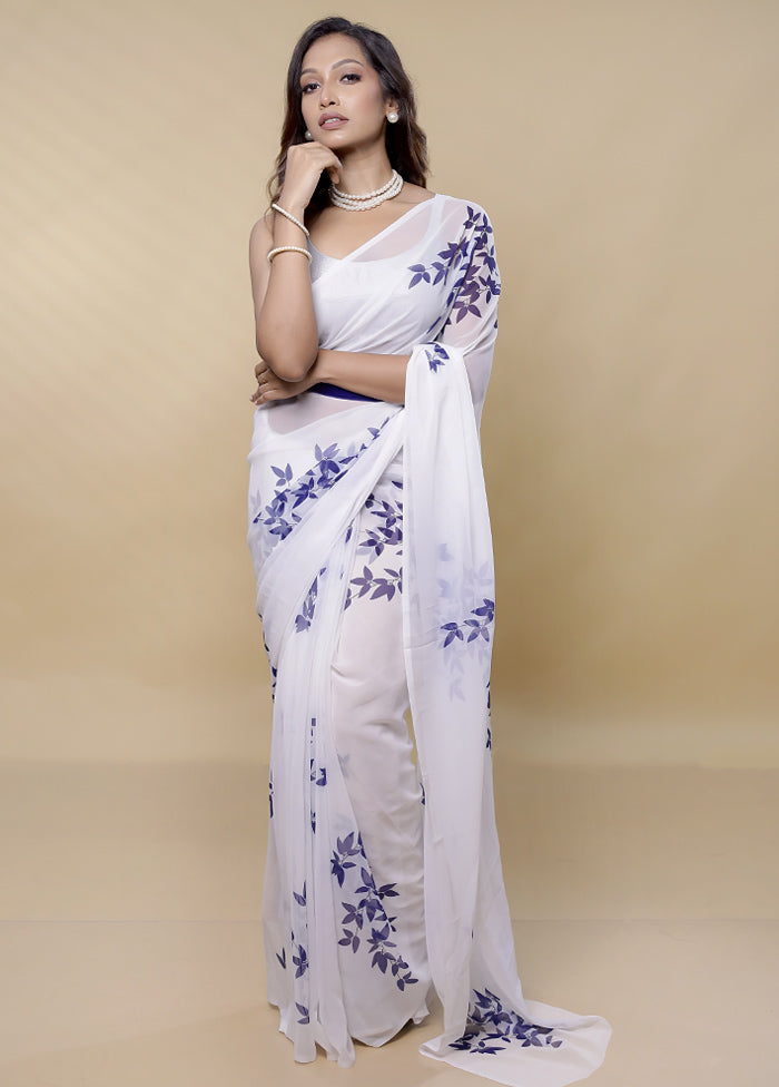 White Chiffon Silk Saree With Blouse Piece