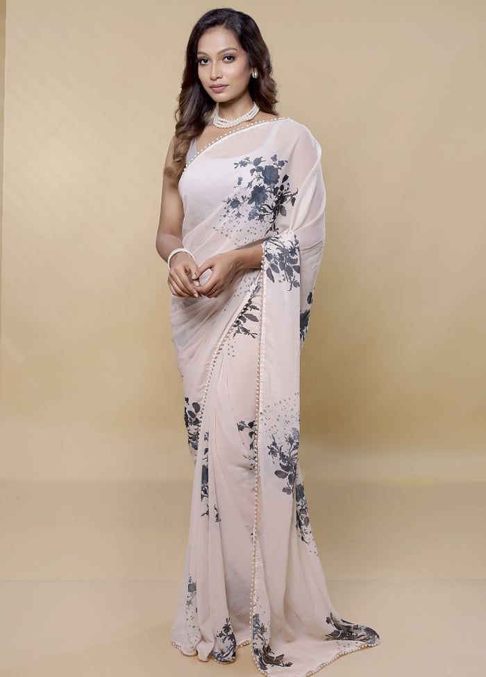 Cream Chiffon Silk Saree With Blouse Piece