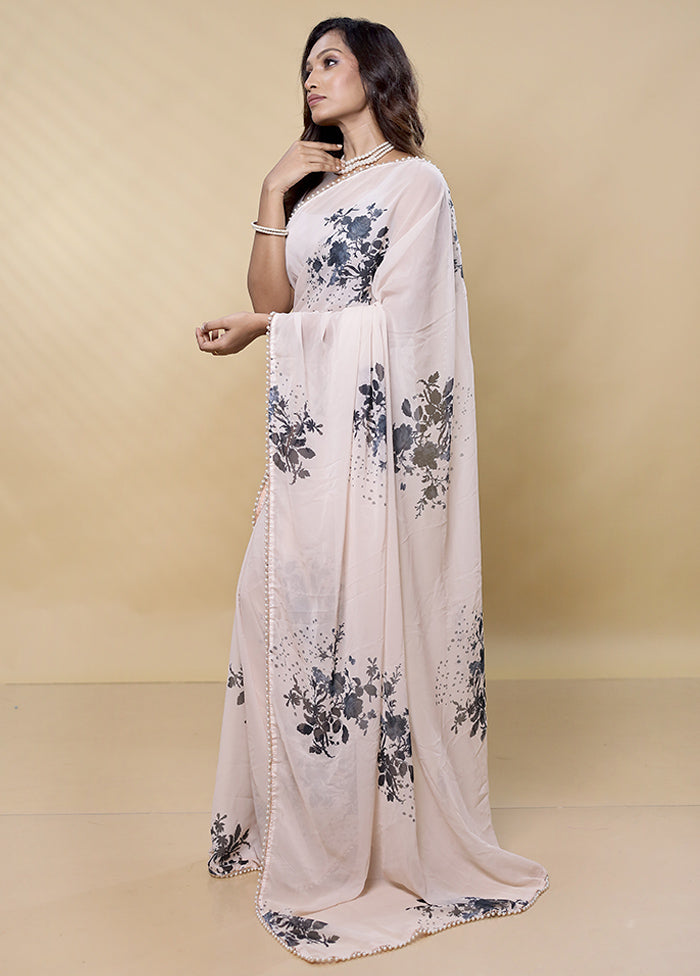 Cream Chiffon Silk Saree With Blouse Piece