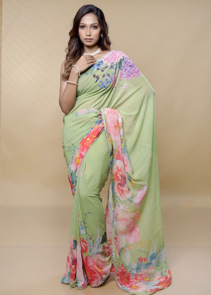 Green Chiffon Silk Saree With Blouse Piece - Indian Silk House Agencies