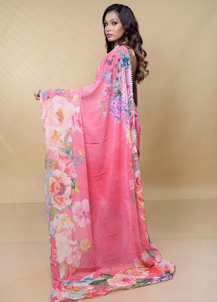 Pink Chiffon Silk Saree With Blouse Piece - Indian Silk House Agencies