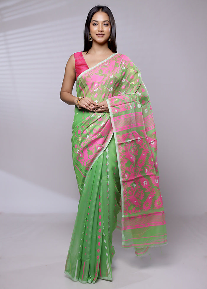 Green Tant Jamdani Saree Without Blouse Piece