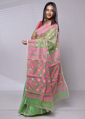 Green Tant Jamdani Saree Without Blouse Piece