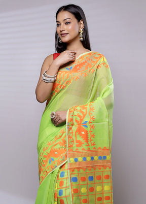 Green Tant Jamdani Saree Without Blouse Piece