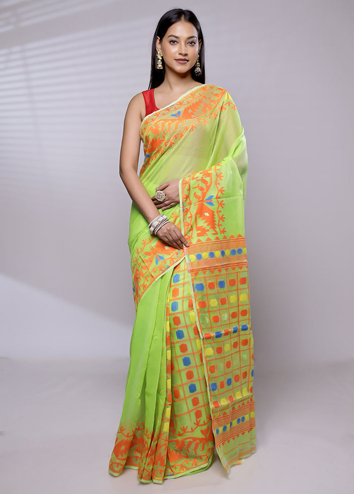 Green Tant Jamdani Saree Without Blouse Piece