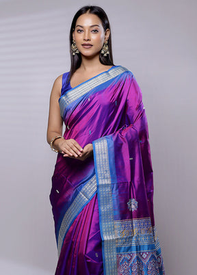 Purple Handloom Bomkai Pure Silk Saree With Blouse Piece