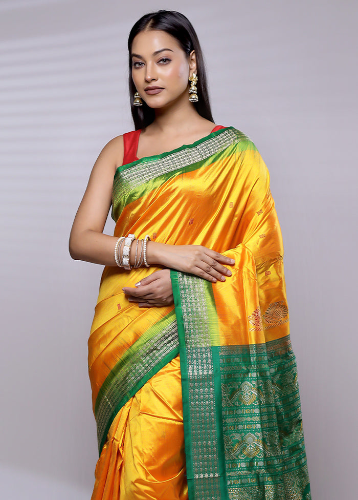 Yellow Handloom Bomkai Pure Silk Saree With Blouse Piece