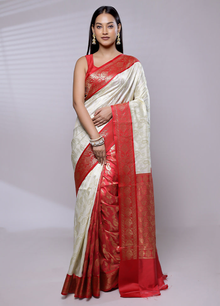 White Dupion Silk Saree With Blouse Piece