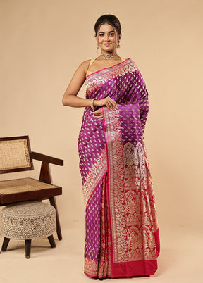 Purple Handloom Banarasi Pure Silk Saree With Blouse Piece