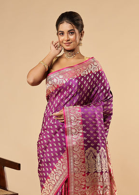 Purple Handloom Banarasi Pure Silk Saree With Blouse Piece
