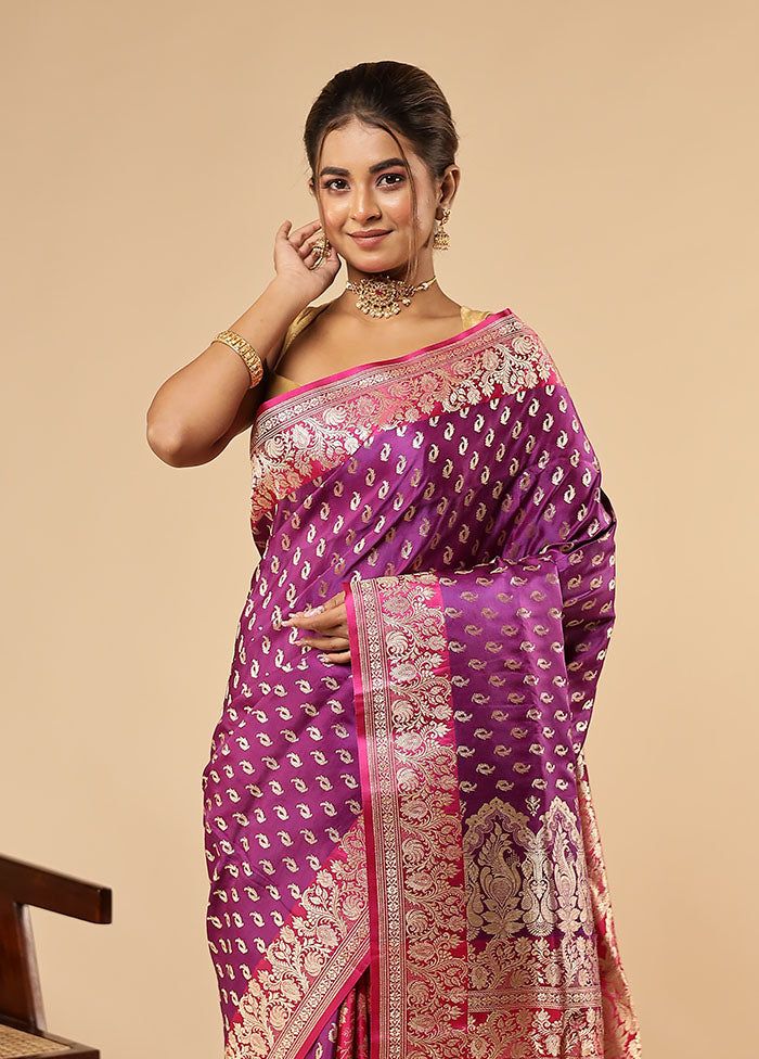 Purple Handloom Banarasi Pure Silk Saree With Blouse Piece