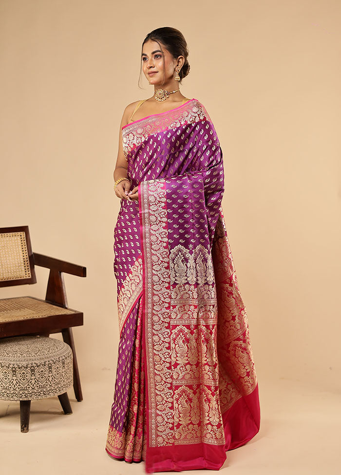 Purple Handloom Banarasi Pure Silk Saree With Blouse Piece