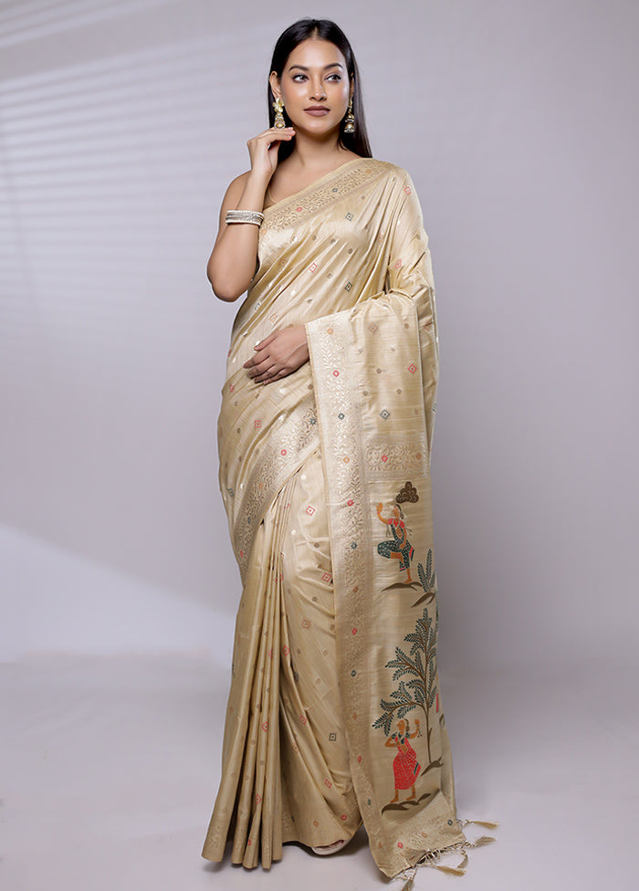 Cream Dupion Silk Saree With Blouse Piece